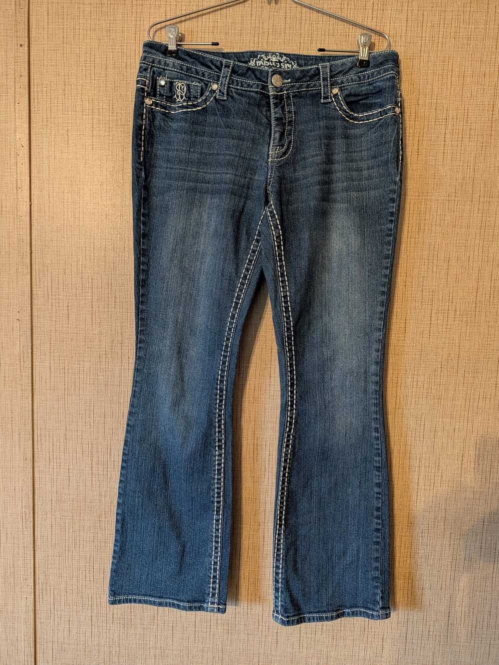 Paisley Sky Women's Dark Blue Bootcut Jeans with White Contrast Stitching